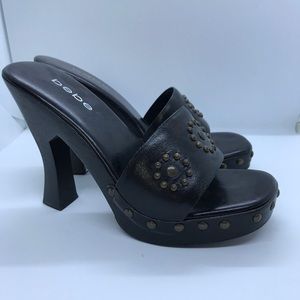 Bebe size 8 black high heeled block mules